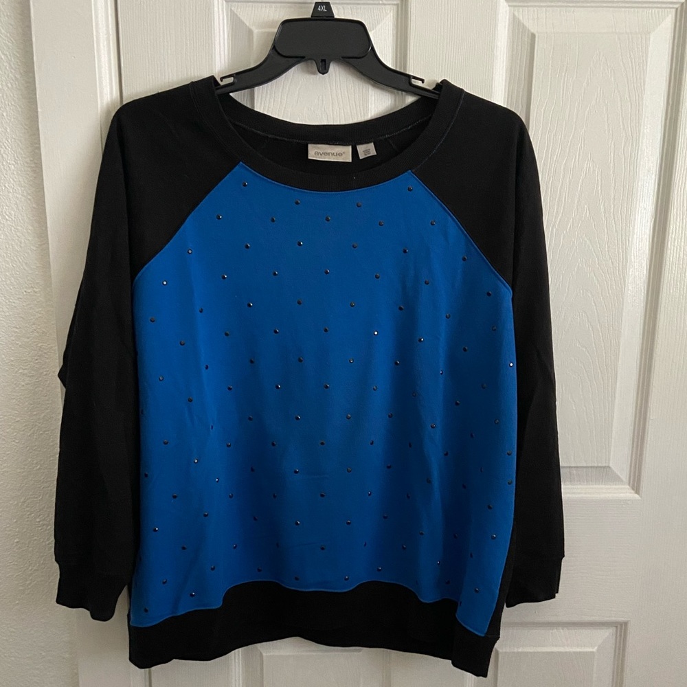 Avenue, Blue and black sweater with rhinestones cute for a crisp fall night